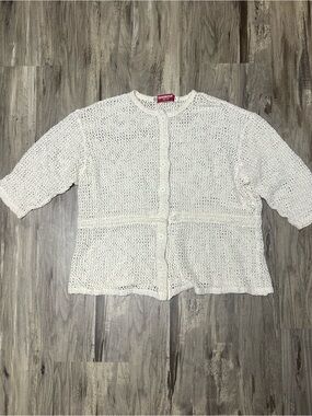 Vintage Tapemeasure NY Open Knit Crochet Cardigan Sweater White Medium Tie Waist